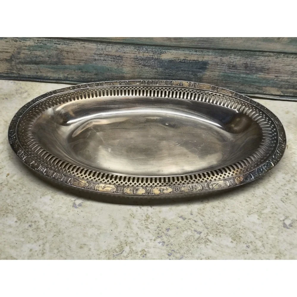 Vintage Dowd-Rogers small silver‎ plate pierced edge oval trinket small platter